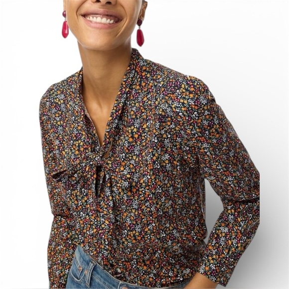 J. Crew Factory Tops - J Crew multi-color Micro Floral Bow Tie-Neck Button Front long-sleeved retro Top